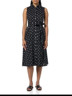 Tommy Hilfiger Polka Dot A-line Midi Dress Size 2 Collared Sleeveless Black